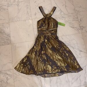 NWT NV Couture Purple/Gold Leaf Silk Cocktail Dress